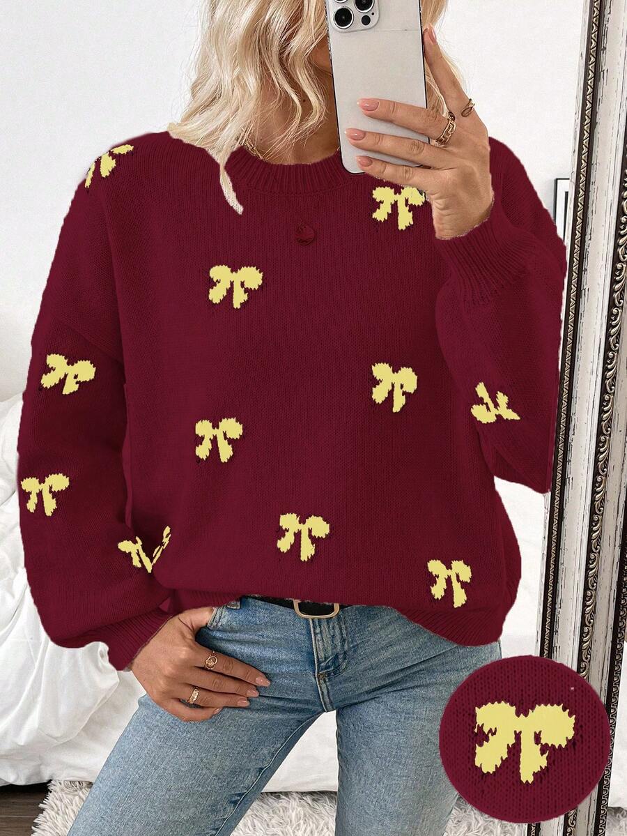 SHEIN LUNE 2024秋冬新款欧美博主同款时尚设计青春蝴蝶结休闲套头毛衣 - 彩色 - 查看 1