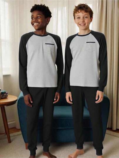 SHEIN Teen Boys' Black Contrast Color Round Neck Simple Silhouette Long Sleeve Top And Pants Tight-Fitting Loungewear Set, Casual, Collegiate, Comfortable, Fashionable, Versatile, Soft Fabric, Suitable For Daily Wear, School, Outings, Outdoor, Home, Autumn/Winter, Back To School