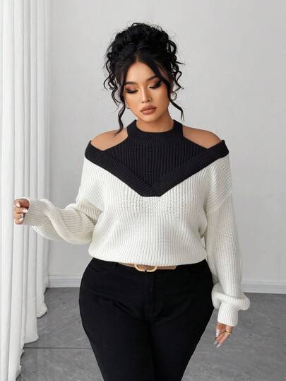 SHEIN Elenzya Plus Size Women Contrast Color Off Shoulder Pullover Sweater