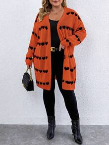 Elenzga 大码心形图案休闲百搭长袖开衫 - 橘色 - 查看 3