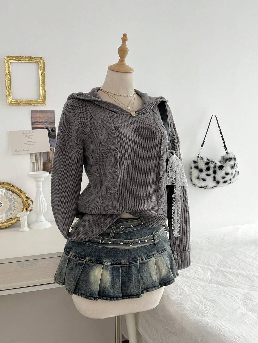 Elamini Women's Casual Daily Commute Simple Solid Color Cable Knit Hooded Sweater, Autumn/Winter