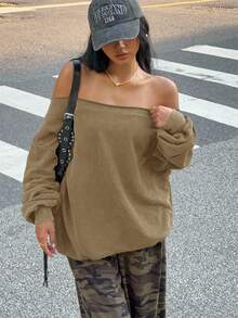 Muchica 1 Áo nỉ rộng rãi hở vai họa tiết rách rưới dành cho nữ, áo dài tay cho mùa thu/đông - màu nâu - Xem 5