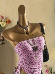 Attitoon Women's Casual Retro Y2K Harajuku Pink Leopard Print Pattern Drawstring Tie Front Cropped Camisole Top - Multicolor - View 9