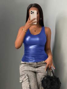 Slaydiva 女士夏季时尚纯色修身吊带背心 - 藍色 - 查看 4