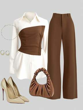 Franclia 2pcs Set: Waist Cinching Shirt & Wide Leg Pants, Slimming Design, Lapel Collar Business Casual Woman Set Vintage Brown Outfit Office Outfit