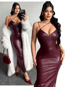 SHEIN SXY Váy bó sát da PU màu trơn dành cho nữ - Màu Đỏ Sâu - Xem 3