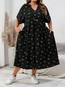 SHEIN CURVE+ 大码女式婴儿连衣裙、宽松连衣裙、夏季短袖连衣裙、宽松舒适的大码服装、印花连衣裙、度假连衣裙、女士休闲连衣裙、返校节连衣裙、女士休闲连衣裙、教堂连衣裙、休闲连衣裙、教师服装、大码泡泡裙、秋季女装、工作服、外出服、休闲连衣裙 - 彩色 - 查看 3