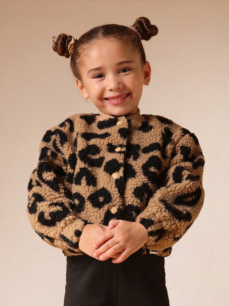 SUMWON Leopard Print Fuzzy Bomber Jacket For Girls Winter Fall Cozy Zip Up Cardigan - Brown - View 1