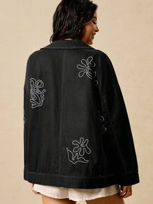 Easelle 女装春夏复古休闲波西米亚风欧美女孩个性时尚前卫现代街头重工抽象图案刺绣棉质翻领宽松棕色谷仓夹克秋冬 - 黑色 - 查看 2