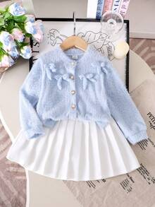 Young Girls Knitted Faux Fur Cardigan Long Sleeve Blue Soft Bow Pearl Button Front Jacket, White Pleated Skirt 2-Piece Set, Elegant Children Comfortable Outfit For Spring/Autumn - Blue - View 1