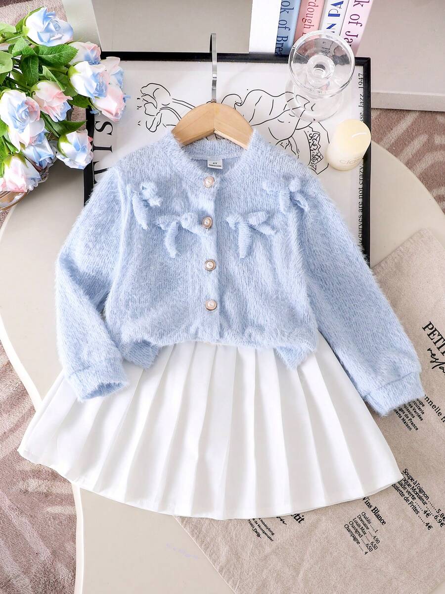 Young Girls Knitted Faux Fur Cardigan Long Sleeve Blue Soft Bow Pearl Button Front Jacket, White Pleated Skirt 2-Piece Set, Elegant Children Comfortable Outfit For Spring/Autumn - Blue - View 1