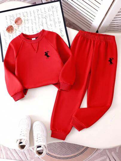 Elladie kids 2pcs Girls Casual Crew Neck Solid Color Raglan Sleeve Sweatshirt And Pants Set Kids Sweat Set Red Set For Girls Kids Jogger Sets Red Kids Outfit