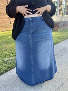 Enliva Jennifer_samantha_style Plus Size Casual Denim Maxi Skirt, & Suitable For Summer, Curve Plus, Boho Vacation, For Apple Rounded Body Shape - Blue - View 3