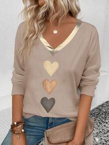 EMERY ROSE Koszulka damska z długim rękawem i dekoltem w serek, w stylu casual, z nadrukiem w kształcie serca, ze złotym kołnierzykiem z PU