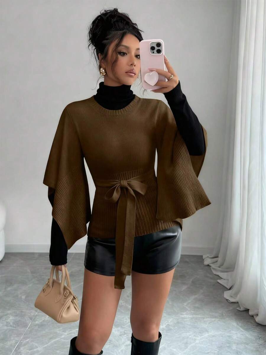 Elenzga Women's Elegant Solid Color Round Neck Belted Sweater - Chocolate Brown - View 1