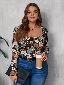 EMERY ROSE Vintage Floral Print Casual Minimalist Plus Size Square Neck T-Shirt, Suitable For ,Flower/Spring/Summer/Vacation Fall - Multicolor - View 4