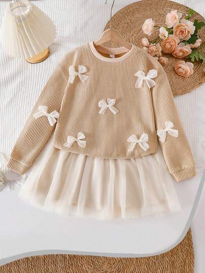 SHEIN 2 件套女童蝴蝶结装饰圆领长袖上衣和网眼裙套装，清新优雅时尚可爱甜美装扮，秋冬