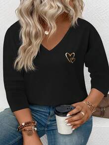 EMERY ROSE Camiseta básica de manga larga con cuello en V y estampado de corazón para mujer, popular para otoño/invierno, tallas grandes - Negro - Ver 4