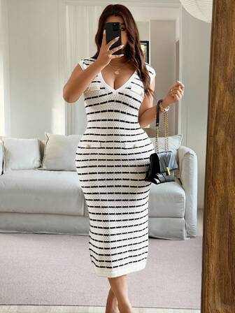 Vionelle Plus Size Women Elegant High-End Fashion Casual Striped Sleeveless Knit Dress Winter Fall Autumn