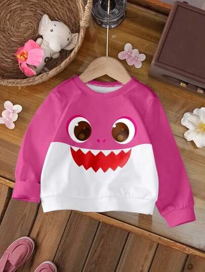 BABY SHARK X SHEIN Sweatshirt Lengan Panjang Kasual Nyaman Bergambar Kartun untuk Bayi Perempuan, Musim Gugur/Musim Dingin