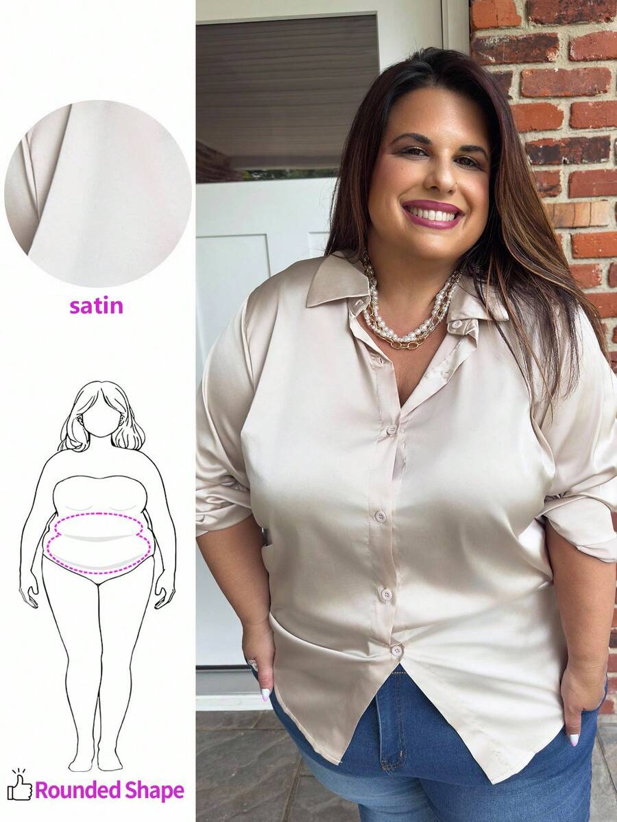 Enliva Camisa básica minimalista de estilo francés casual de satén color albaricoque con abertura frontal, adecuada para la oficina, el tránsito y el uso diario en talla grande