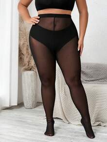 SHEIN CURVE+ Plus Size Women's Solid Color Pantyhose Sexy Sheer High Stretch Leggings - Black - View 8