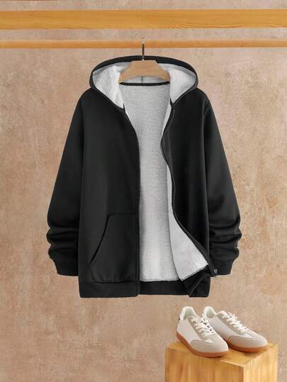 Manfinity NXTstreet 男士休闲纯色保暖连帽外套，秋冬季拉链街头风连帽外套