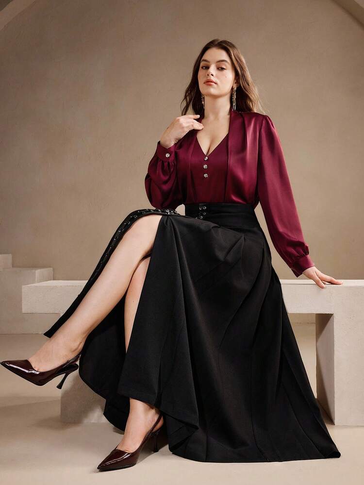 Top chic de navetteur col V Anewsta, jupe plissée noire moderne à ligne A avec décoration de sangle , ensemble 2 pièces pour femmes grandes tailles, automne/hiver