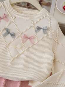 SHEIN 青少年女孩两件套针织套装，可爱 3D 蝴蝶结毛衣搭配百褶裙，可爱优雅，冬季 - 粉色 - 查看 4