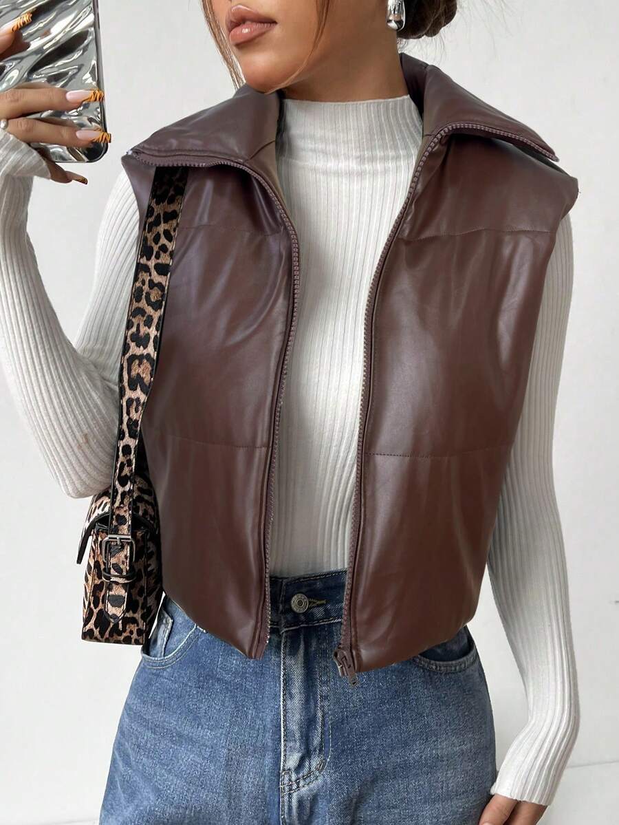 SHEIN EZwear 女式棕色无袖短款 PU 皮革夹棉大衣 - 巧克力棕 - 查看 1