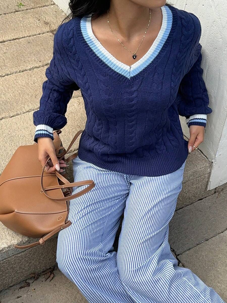 SHEIN Unity Suéter de punto de cable con cuello en V y ribete de rayas de contraste, adecuado para otoño/invierno - Multicolor - Ver 1