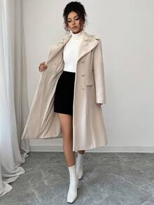 Elenzga Abrigo elegante de doble botonadura con cinturón, manga larga, cuello con solapa y decoración de aplicaciones para mujer, para otoño/invierno