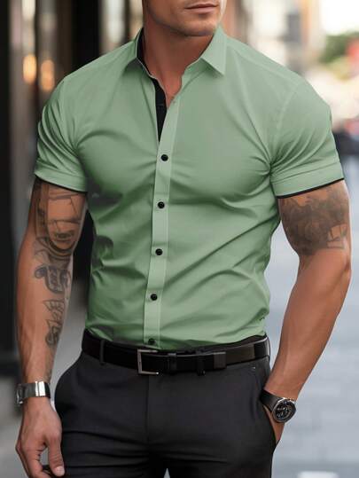 Manfinity Mode Men's Solid Color Minimalist Casual Short Sleeve Shirt Business Casual Top Old Money, Daily Leisure, Weekend Trips, Outdoor Activities, Travel Expeditions, Relaxed Work Environments Or Semi-Formal Occasions, Boyfriend/Husband Gift, Anniversary Gift Christmas Green Men Shirt Light Green Shirt Riley Green Shirt Business Casual Tops Men Mint Green Men