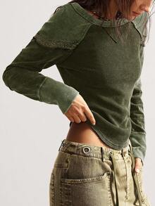 Bohemela Women's Casual Solid Color Knit Crew Neck Long Sleeve T-Shirt Matcha Centella Olive Green - Army Green - View 2