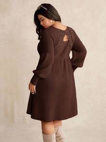 Elaquor Váy len chữ A họa tiết ren vá thanh lịch cỡ lớn - Cà phê nâu - Xem 2