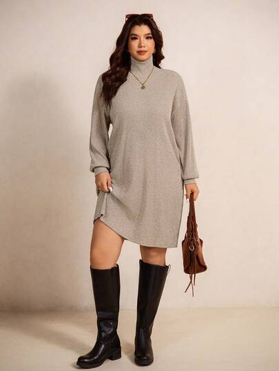 Elaquor שמלת קז'ואל רופפת בצבע אחיד לנשים במידות גדולות, צווארון גבוה, כתף רכה וגבוהה, שרוולים ארוכים, סתיו