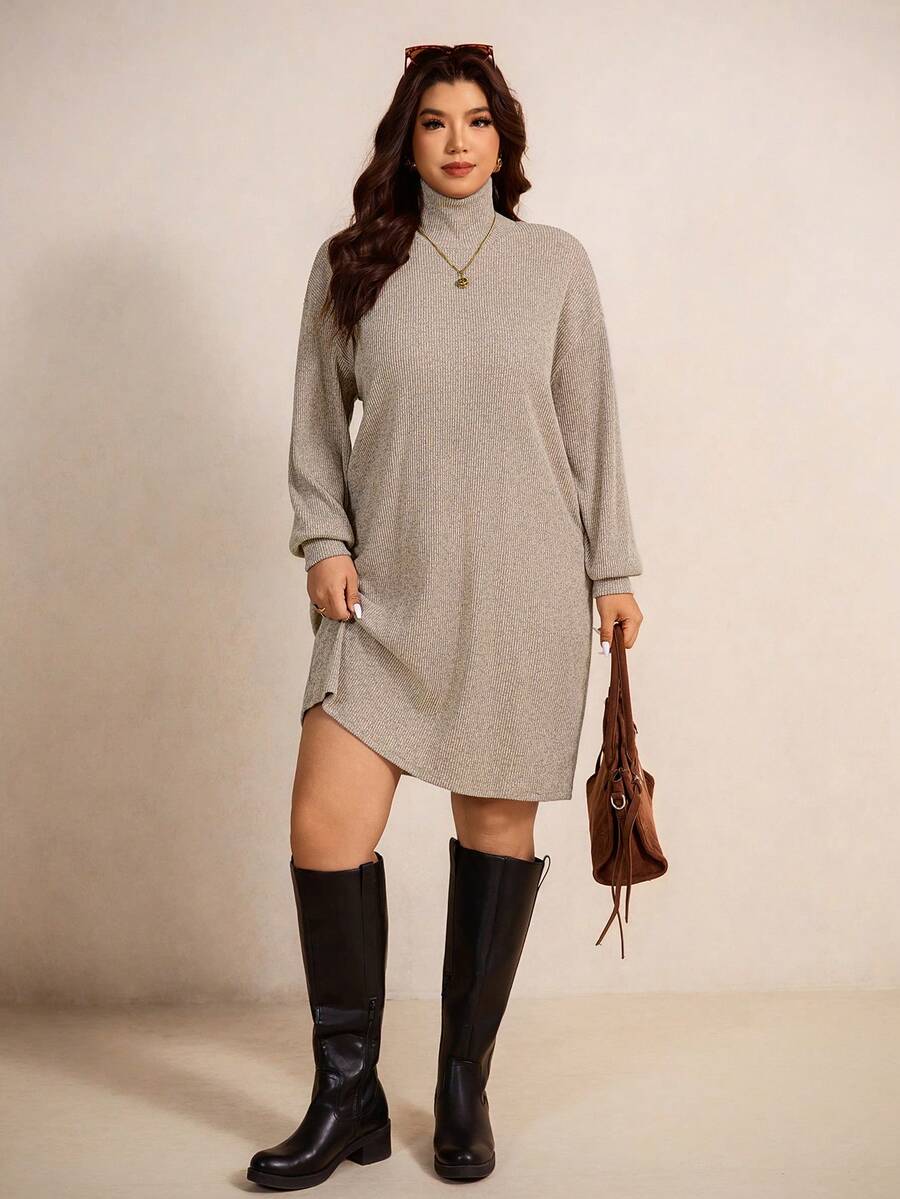 Elaquor Đầm suông rộng tay dài cổ cao trễ vai màu trơn cỡ lớn cho nữ, mùa thu