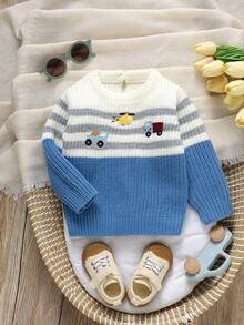 SHEIN Vintaside Kids 男婴可爱卡通刺绣毛衣，圆领设计呵护娇嫩肌肤，长袖套头衫方便穿脱，休闲简约风格打造宝宝时尚新宠，柔软亲肤面料陪伴宝宝快乐成长。 - 彩色 - 查看 6