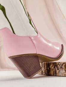 Solezae Ladies Chunky Heel Tulip Embroidery Mid-Calf Western Boots For Christmas - Pink - View 6