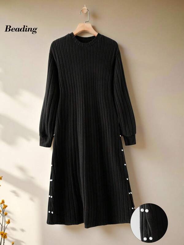Rusticease Women's Casual Solid Color Ribbed Faux Pearl Dress Country Outfits For Women  Chic Dress Elegant Dresses For Women  Party Dress Fall Clothes For Women  New Year Dress New Year Outfit Sweater Dress Women Ribbed Dress Long Sleeve Dresses Midi Black Dress Jumper Dress