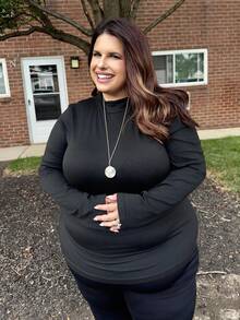 Enliva 2 peças/conjunto casual e simples monocromática plus size camisetas de gola alta, primavera e outono - Preto e Branco - Ver 4