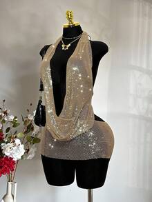 EgrlEra Women's Deep V Neck Sequin Mesh Dress, Rhinestone Embellished Shiny, Suitable For Bar Party, Carnival, Club Wear - Champagne - View 3