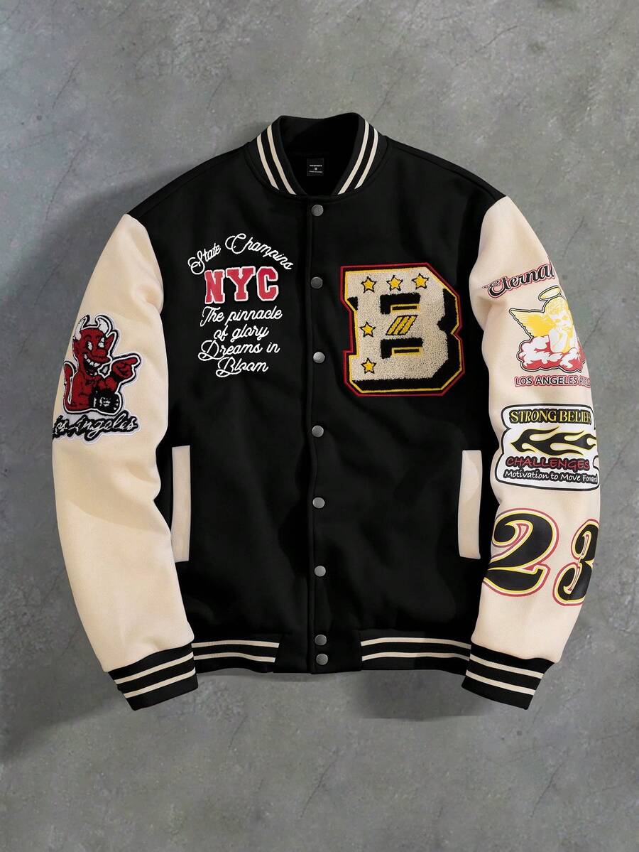 Manfinity Roghcode Men's Contrast Color Patchwork Varsity Jacket,Casual Fashionable Baseball Letterman Jacket With Front Buttons,Long Sleeve Y2k Custom Style Outerwear - Multicolor - View 1