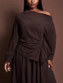 Veslaya 2025秋冬大码女装套装，优雅不对称肩部褶皱腰身长袖上衣搭配阔腿裤，适合乡村音乐会、婚礼、约会、正式场合等场合。 - 棕色 - 查看 7