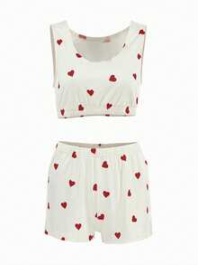 Jouncy 2pcs Women Sexy Heart Pattern Sleeveless U-Neck Top And Shorts Set - White - View 1
