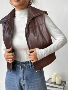 SHEIN EZwear 女式棕色无袖短款 PU 皮革夹棉大衣 - 巧克力棕 - 查看 3
