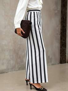 Flirla Pantalon long rayé en tissu, grande taille, automne/hiver - Noir et Blanc - Voir 4