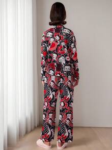 Betty Boop x SHEIN 女士舒适卡通图案长袖上衣和裤子睡衣套装，秋冬女装睡衣套装，女士真丝睡衣套装，女士家居服套装，女士睡衣 - 彩色 - 查看 2