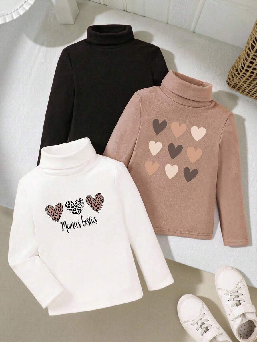 SHEIN Bộ 3 áo thun cổ tròn tay dài dệt kim co giãn màu trơn dành cho bé gái, nhiều kiểu, họa tiết trái tim, thích hợp mặc thường ngày & đi học vào mùa thu đông, không thể thiếu, đa năng, phù hợp cho cả mẹ và con gái - Nhiều màu - Xem 1
