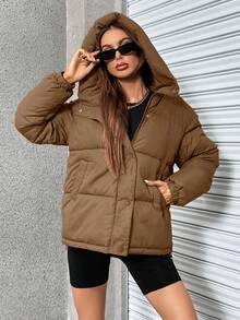 EMERY ROSE Women's Solid Color Zip Front Hooded Long Sleeve Casual Padded Padded Coat, Winter Clothes - Brown - View 3